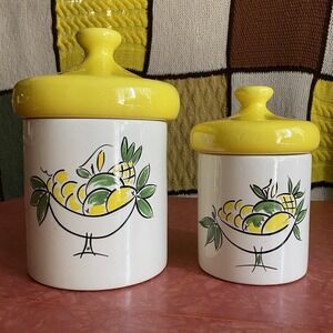 Vtg 2 Mid Century Ceramic Canisters  Mushroom Shaped Lids Holiday Designs USA